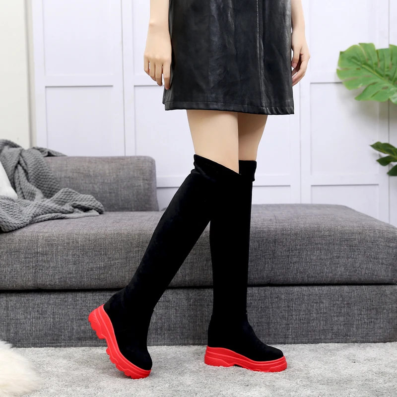 Сапоги женские зимние на платформе ботфорты из замши высоком каблуке с плюшевой