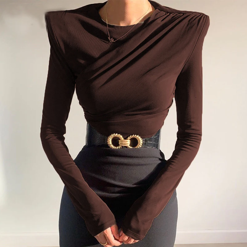 Long Sleeve Shoulder Pad Crop Top Women 2021 Brown Cotton Sexy Ruched T Shirts Autumn Black Streetwear Fashion Tee Tshirt Yuqung | Женская