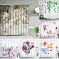 roses butterfly flower white shower curtains printed floral leaf waterproof polyester bathroom curtain fabric for bathtub decor