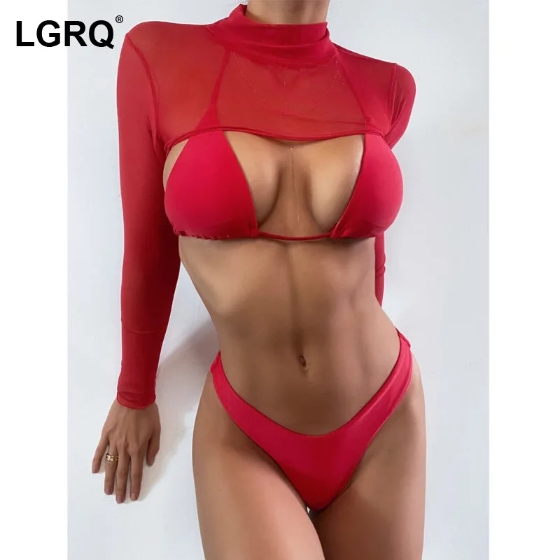 

[LGRQ] Women Red Backless Sexy Slim Bikini Bathing Beachwear Suit Three Piece Set New Fashion Tide Spring Summer 2021 19D1278