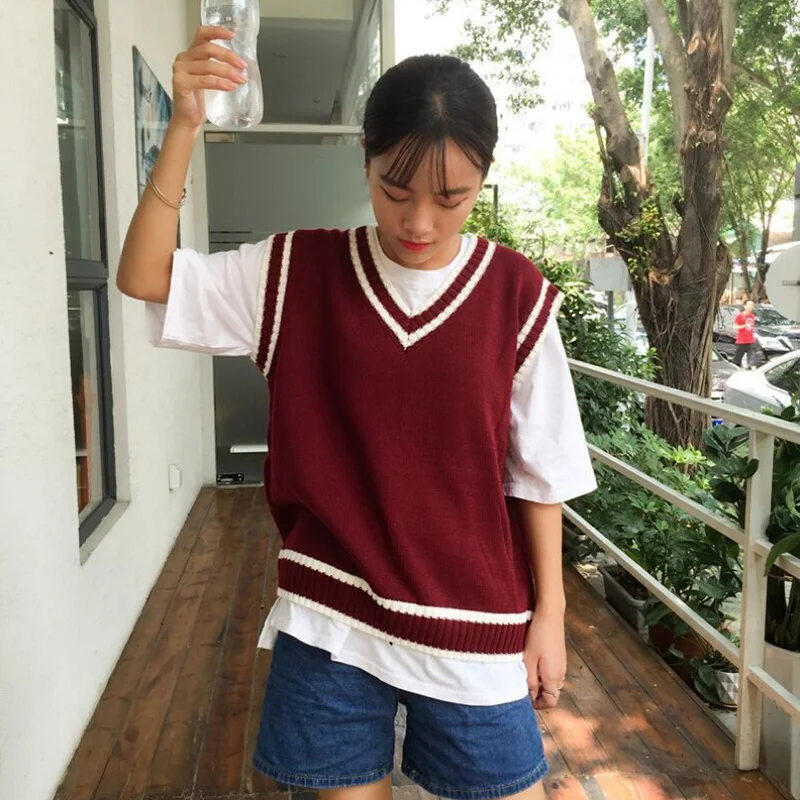 

Casual New Fashion Women Autumn Spring Sweaters V-neck Sleeveless Solid Color Vests Sweaters Loose Pullover Tops