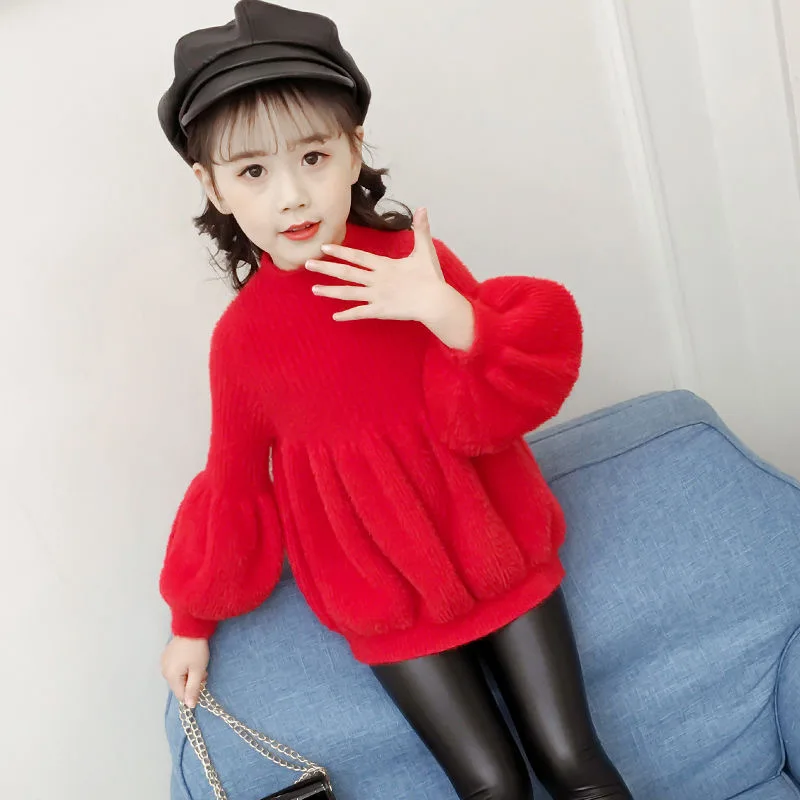 

Girls Sweaters 3-13 Years Old Solid Lantern Sleeve Spring and Autumn Children's Clothing New Korean Kids Winter Casual Sweater