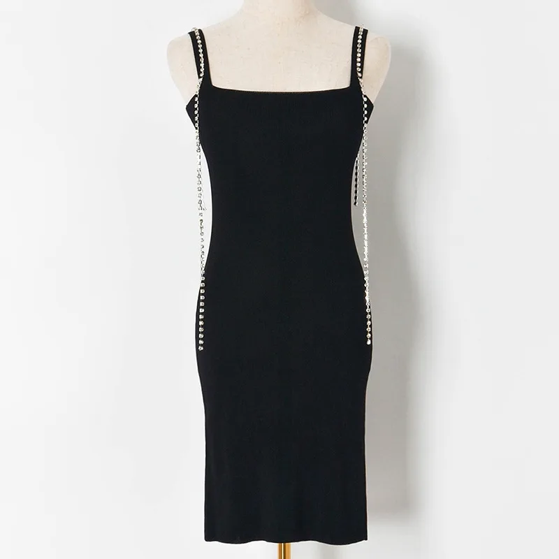 

Sexy Backless Bodycon Dress Women Spaghetti Strap Tank Dress with Beaded Chain 2021 New White/black Short Mini Summer Dress