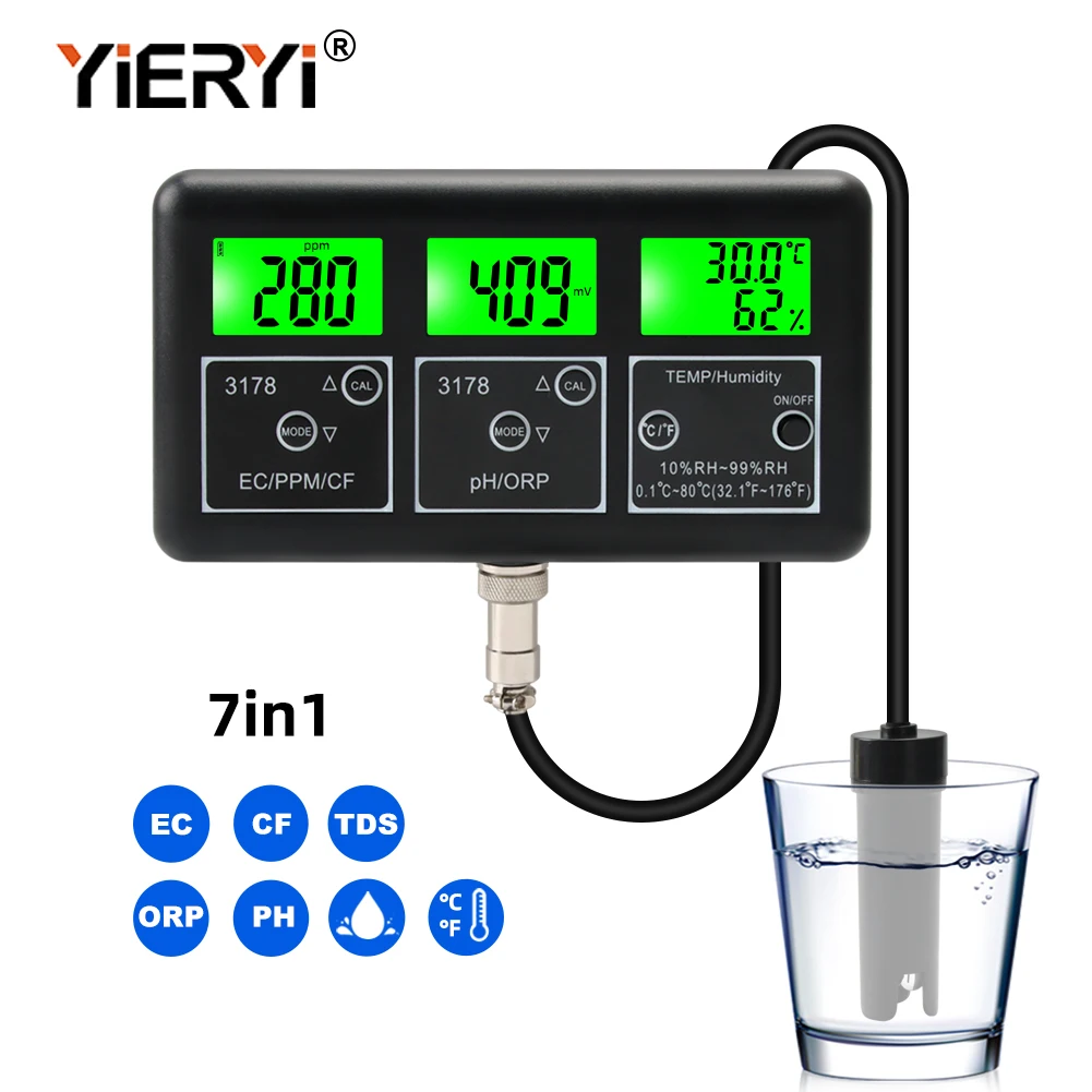 

Yieryi 7 in 1 Multi-function Water Quality Monitor Digital PH/ORP/TDS/EC/CF/Теmp/Humidity Meter with RS485 for Aquarium Swimming