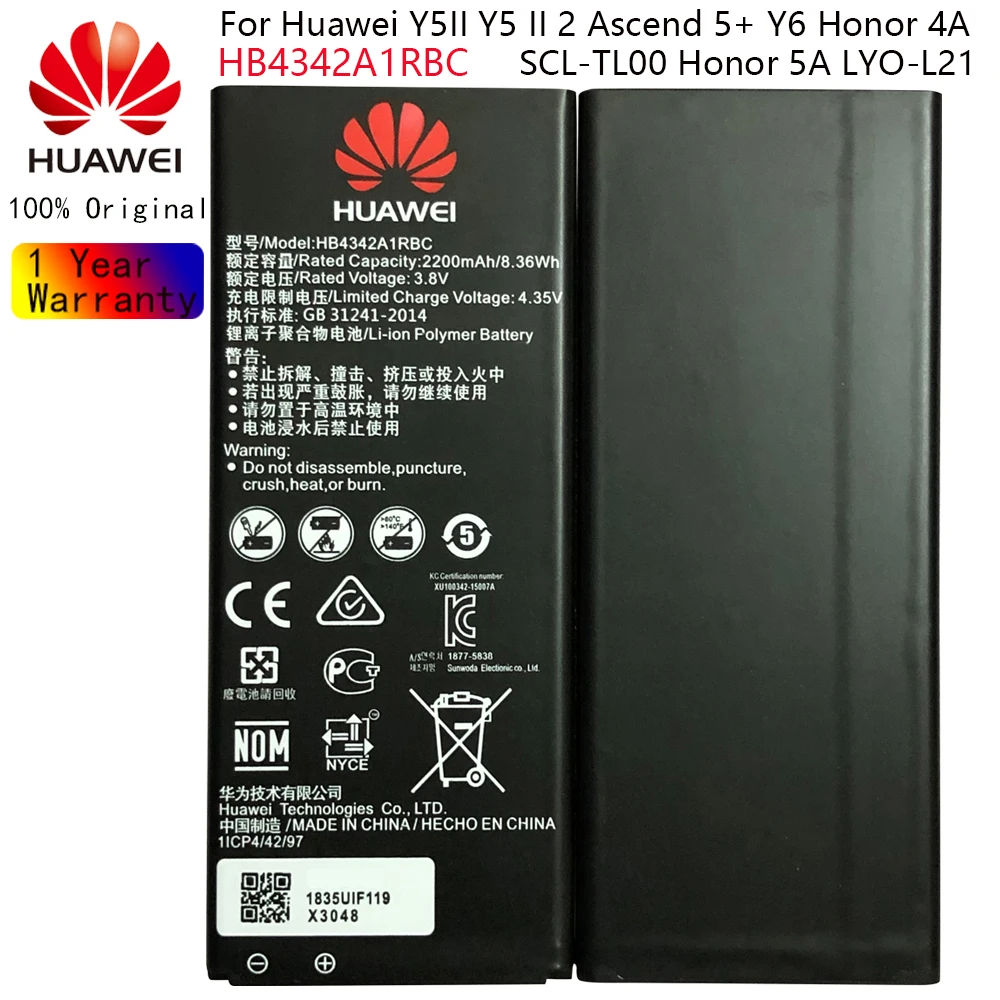 

Hua Wei 100% Orginal HB4342A1RBC 2200mAh Battery For Huawei Honor 4A Honor 5A LYO-L21 Y5II Y5 Ii Ascend 5 + Y6 SCL-TL00 CUN-U29