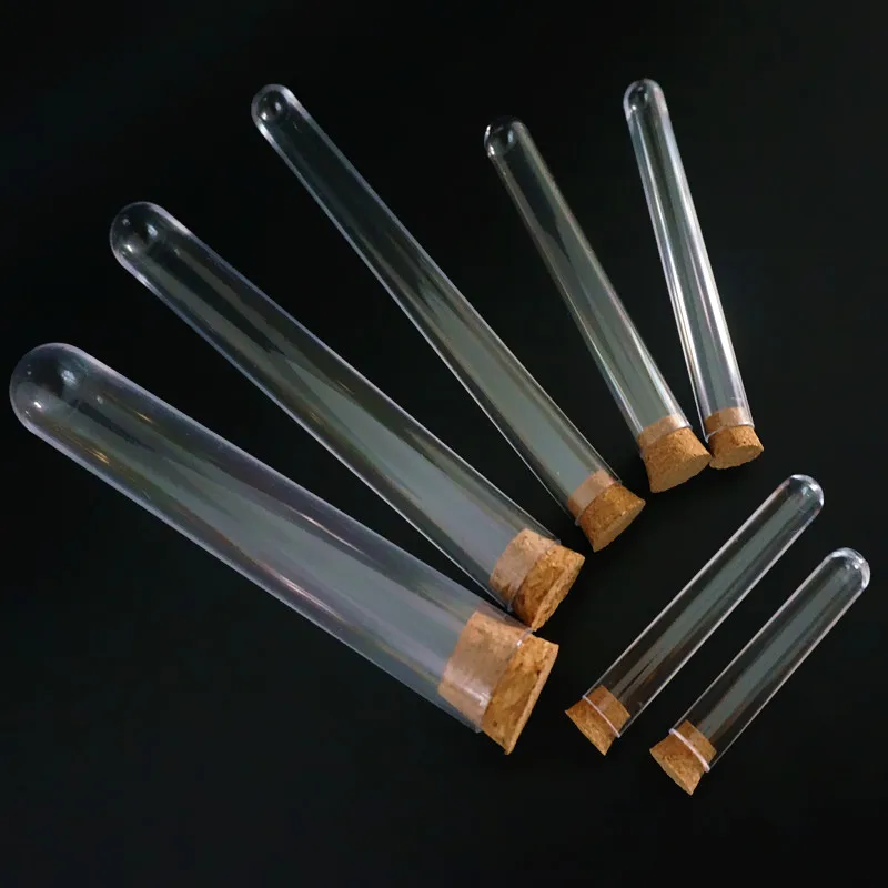 

Lab Clear Plastic Test Tube With Cork Cap Stopper Round Bottom Laboratory Or Wedding favours Spice Tube Length 60mm To 180mm