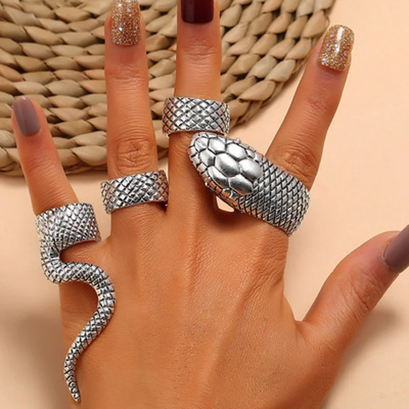 

4 Pcs Adjustable Snake Ring Set | Antique Silver Plated Snake Ring | Gothic Ring For Women | Women Ring Set | Trend Snake Rings