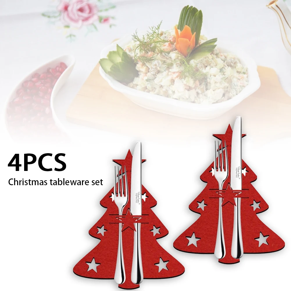 

4Pcs Christmas Tree Knife and Fork Bags Christmas Tableware Holders Set Tableware Covers for Christmas Decor Table Ornaments