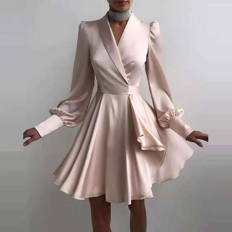 

Fashion Waist Satin Dress Women V-Neck Lantern Long Sleeve French Elegant Pleated Dress Spring Autumn Slim Casual Short Vestidos