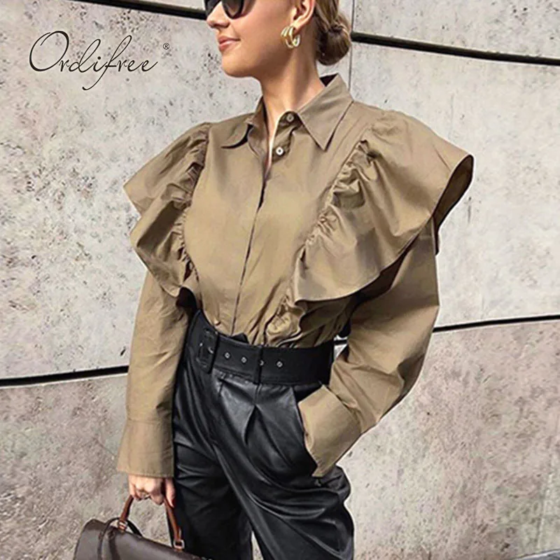 

Ordifree 2021 Summer Women Ruffle Blouse Shirt Long Sleeve Elagent Office Lady Casual Shirt