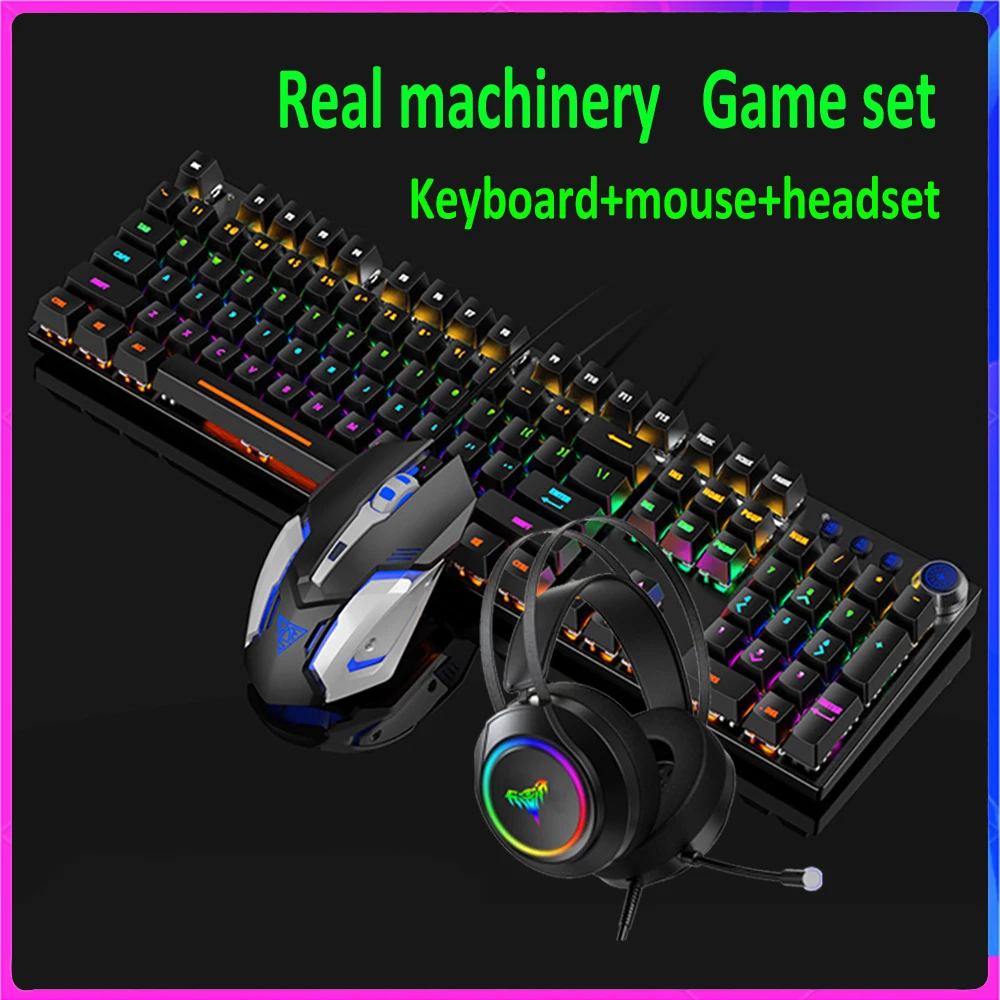 

Real Mechanical Keyboard Mouse Headset Set 108 Keys Wired Gamer Keyboard Can change Axis Gaming Game Green Axis Wired Keyboard