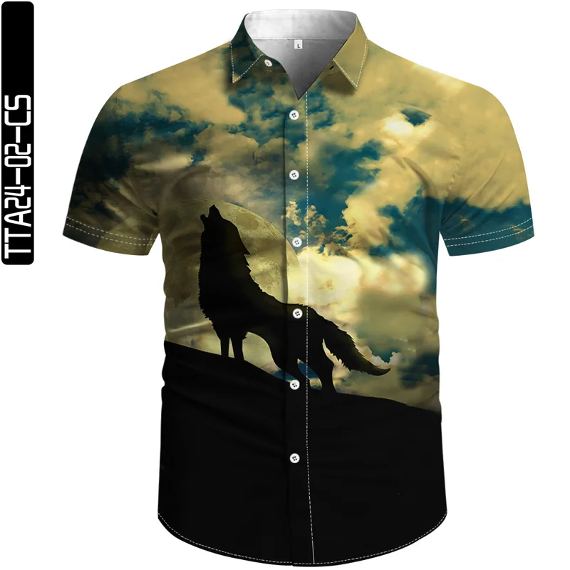 

2021 Summer Men Shirt Button Up Fine Plain Cloth Blended Fiber 3D Print Hip Hop Animal Style Unisex Vintage Blouse European Size