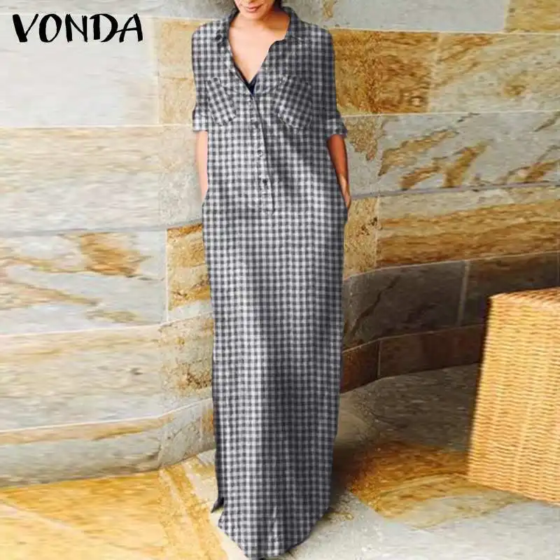 

VONDA Women Maxi Dress 2021 Casual Lapel Button Down Vintage Plaid Shirt Dresses Long Sleeve Sundress Bohemian Vestido