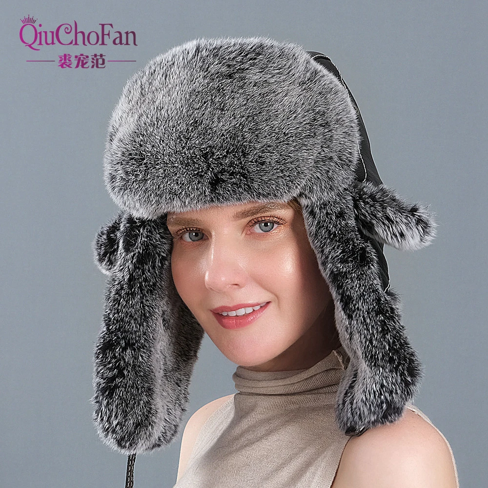 2020 Winter Ski Hat Russian Hat Men Women Warm Earmuffs Thicken Ear-flapped Hat Rex Rabbit  Fur Lei Feng Cap Bonnet