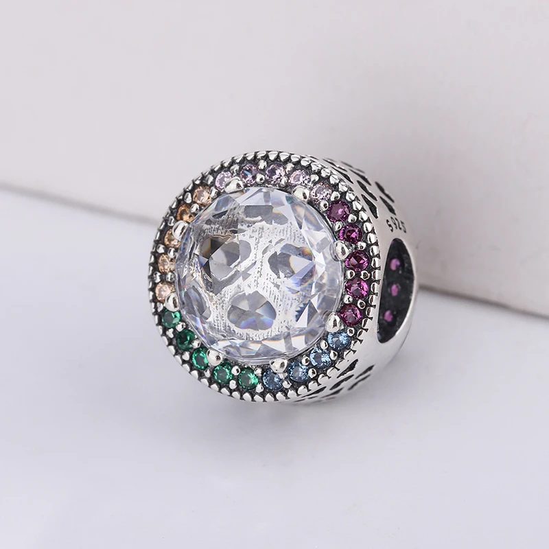 

925 Sterling Silver Sparkling Rainbow Zircon Beaded Charm Fit Original Pandora European Charms Bracelet Necklace DIY Jewelry