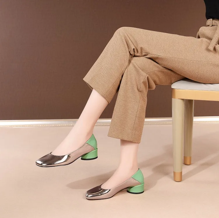

MLJUESE 2021 Women Pumps Soft Cow leather Autumn Spring Shallow Slip on Gun color Square toe high heels pumps Size 41