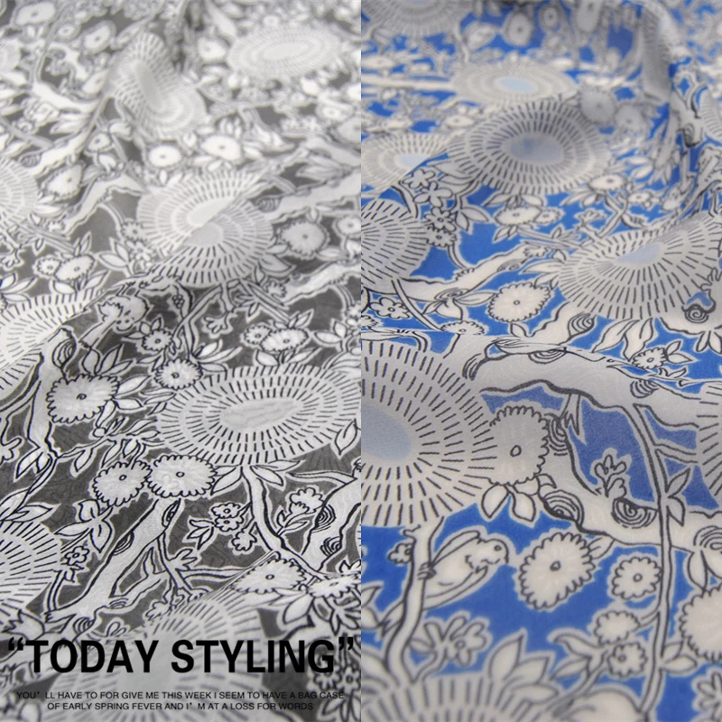 

Silk Chiffon Fabric Dress Gray Blue Flower Real Shirt Dress 100% clothing Cloth DIY patchwork