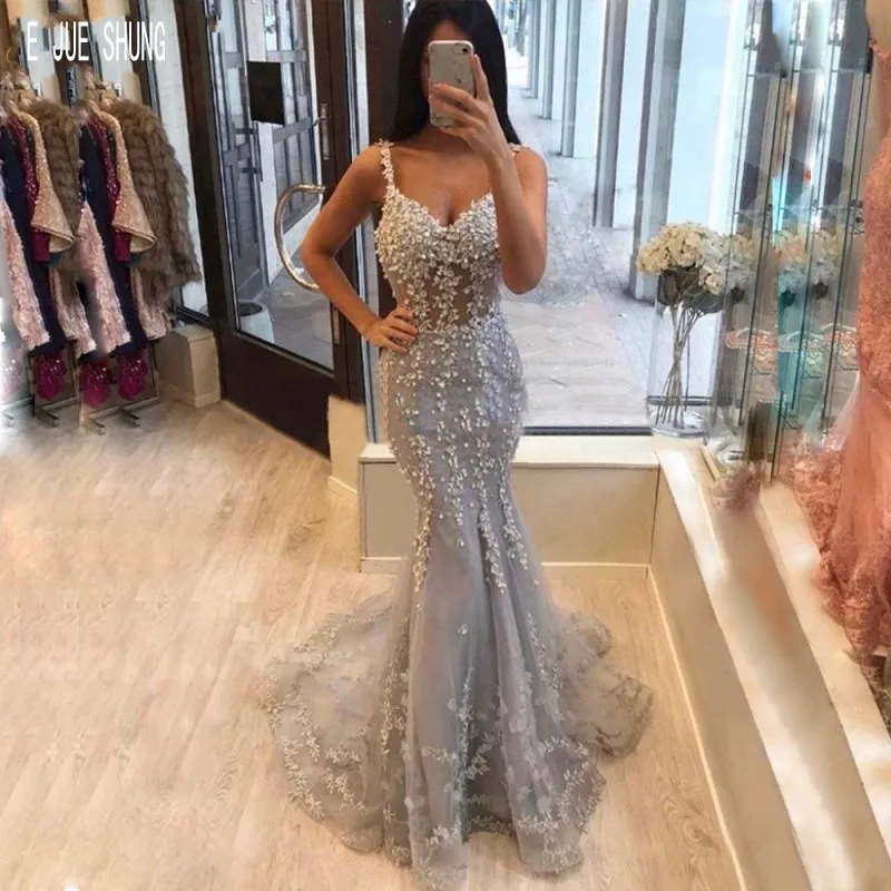 

E JUE SHUNG Gray Mermid Prom Dresses Spaghetti Strap Zipper Back Lace Appliques Evening Gowns Formal Dresses robe de mariee