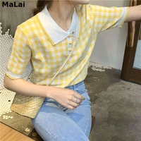 korean shirts knitwear w643 yellow plaid summer t shirts women turn down collar short sleeve knitted tops buttons vintage kawaii