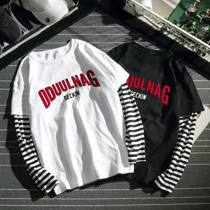 

T-Shirt Mens 2019 Spring New Brand Hip-Hop Stripe Splicing Summer Tee Top Fake Two Pieces Long Sleeve Men T Shirt