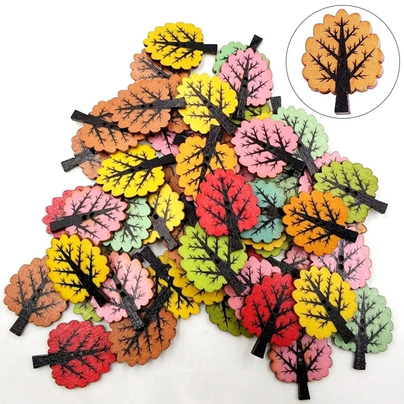 

50PCS Mixed Tree Shape Wood Buttons For Clothing Handwork Sewing Scrapbook Crafts Accessories Needlework Buttons Decor