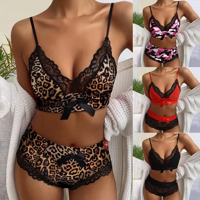 

Puimentiua Pajama Sets Sexy Printing Lingerie Leopard Sleep Tops Sleeveless Pijama Feminino Sexy Lace Pijamas Women Lingerie New