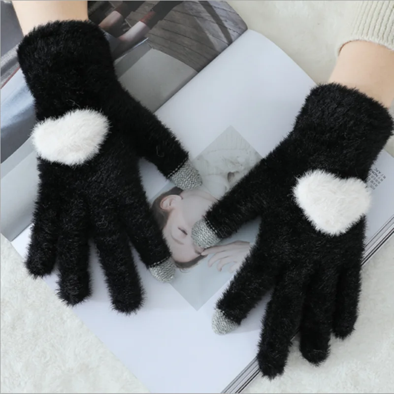 Gloves Knitted Women Touch Screen New Winter Soft Rabbit Wool Knitted Gloves Warm Lovely Girls' Pink Heart Mittens Gloves