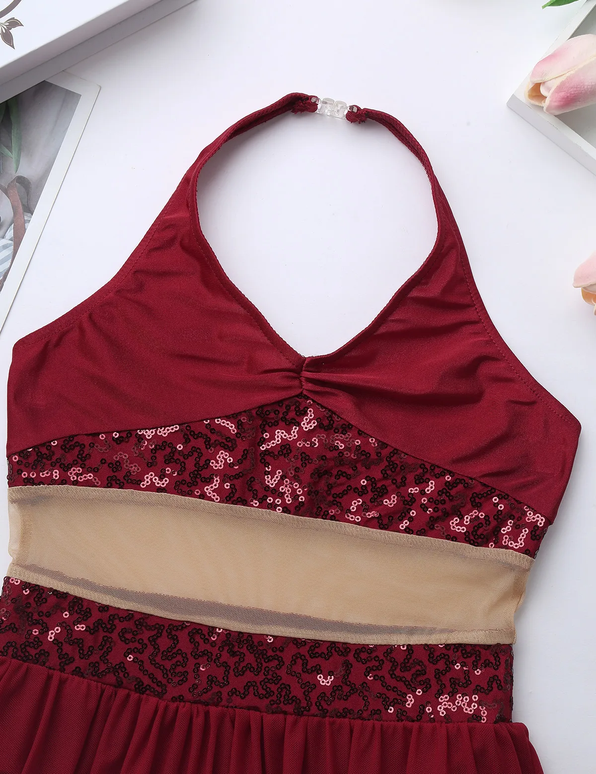 ChicTry Girls Halter Sequin Mesh Stretchy Figure Skating Dress Gymnastics Ballet Leotard Kids Performance Lyrical Dance Costumes