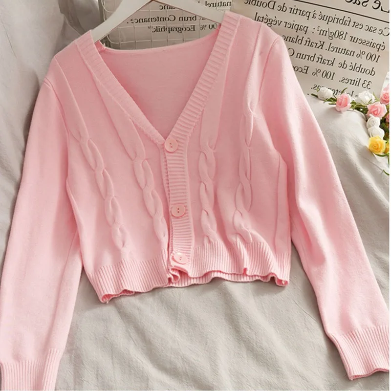2021 Women Knitted Sweater Cardigans Ladies Korean Harajuku Long Sleeve Autumn Winter V Neck Crop Knitwear |