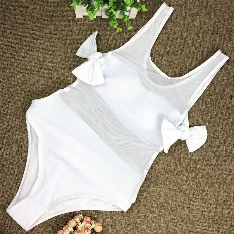 Женский слитный купальник ZPDWT белый сетчатый с бантом монокини глубоким вырезом