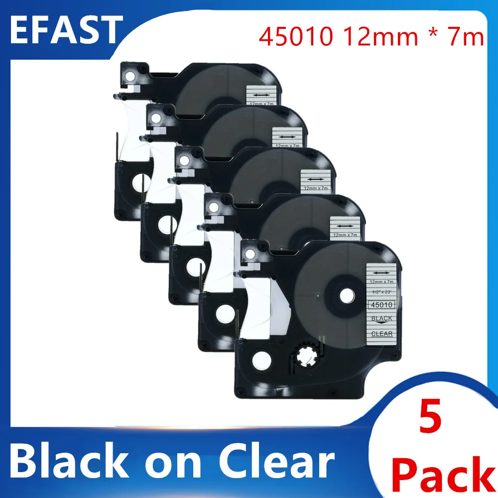 

5 Pack 12mm 45010 Black on clear Compatible dymo D1 tapes 45010 ribbon cassette for Dymo label manager LM 160 280 label maker