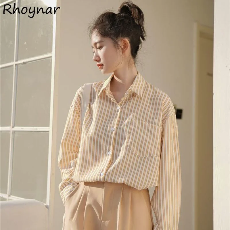 

Рубашка женская в полоску, элегантная блуза с длинным рукавом, свободного покроя, с карманами, в Корейском стиле, элегантная желтая, для офис...