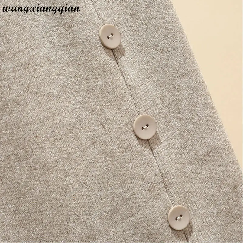 

Plus Size Women's Skirt Autumn Winter New Acrylic Loose Western Knit Solid Casual Button Side Split Design Skirt Female Z53
