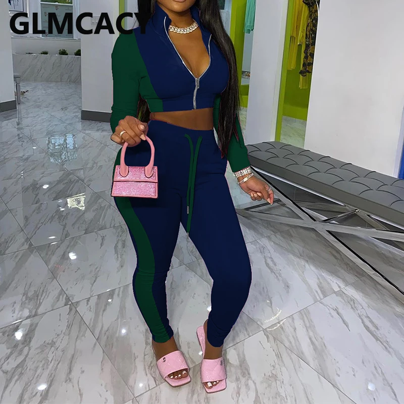 

Two Piece Set Women Long Sleeve Zipper Top & Drawstring Bodycon Pants Fitness Suits