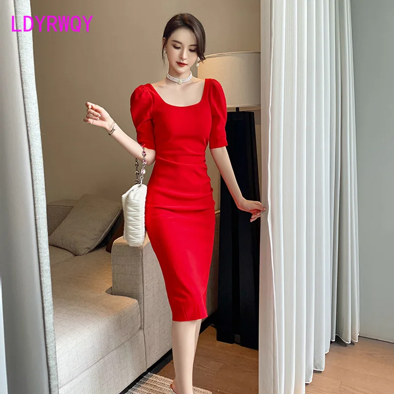

LDYRWQY 2021Women's summer red square collar dress Office Lady Knee-Length Polyester V-Neck