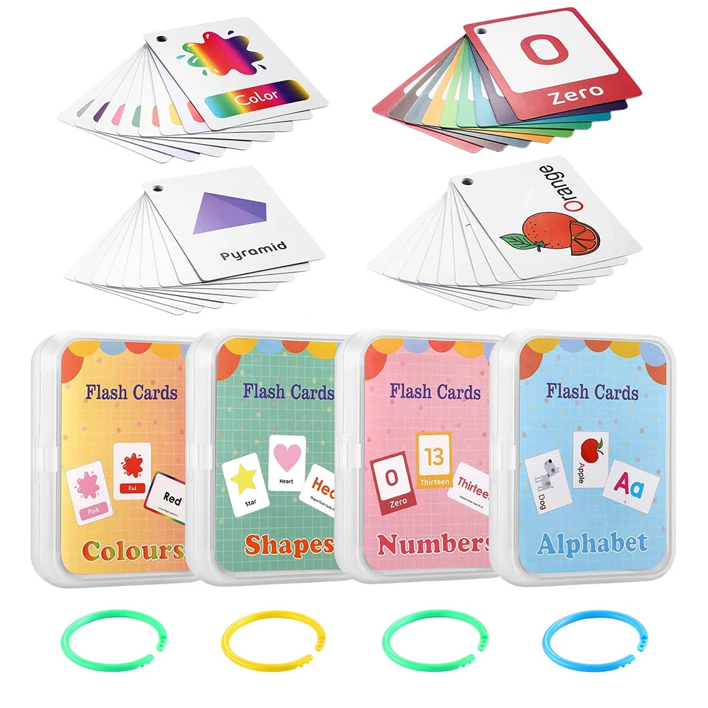 Juego de 4 tarjetas Flash para aprendizaje temprano de ni&ntilde;os, letras del alfabeto, colores y formas, 100 tarjetas con 200 im&aacute;genes, tarjetas educativas-0