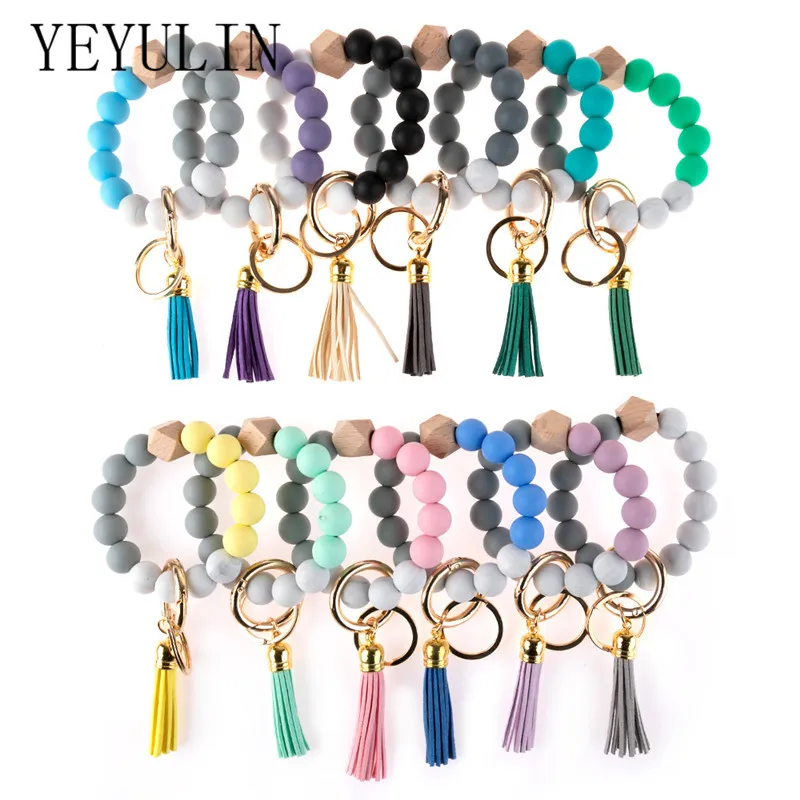 Модные деревянные бусины силиконов бусов брелок для ключей Ремешок Браслет