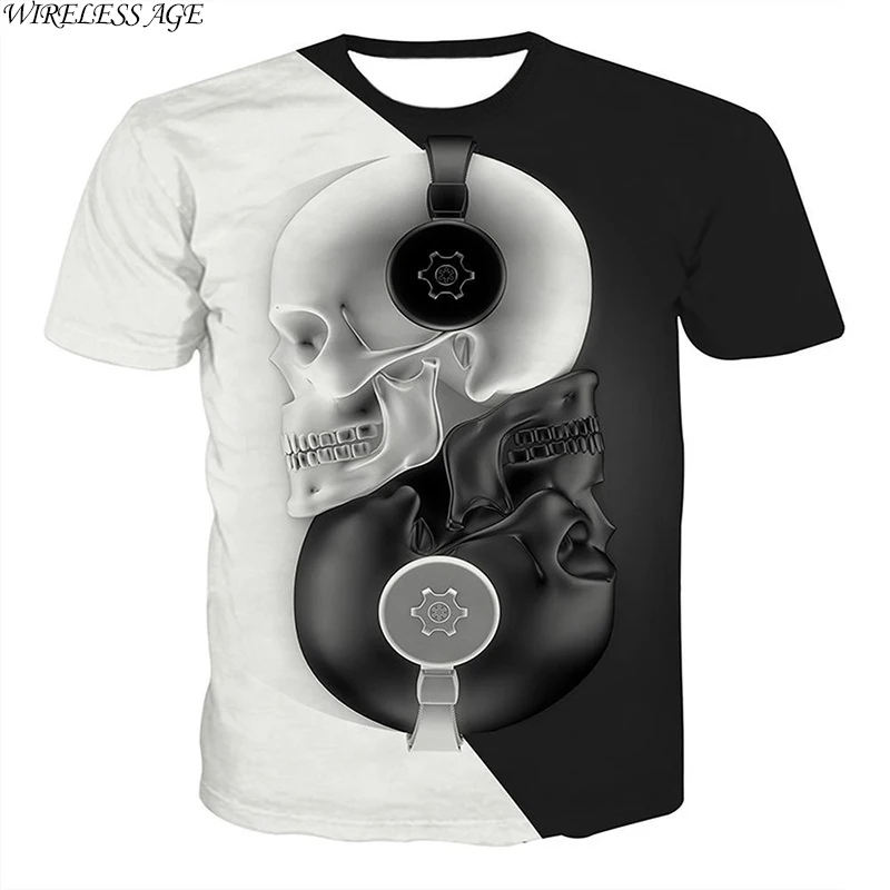 

WIRELESS AGE T Shirt Men Short Sleeve Round Neck 3D Black White Skull Printed Loose Casual Men's Tops New Summer Fashion Wild