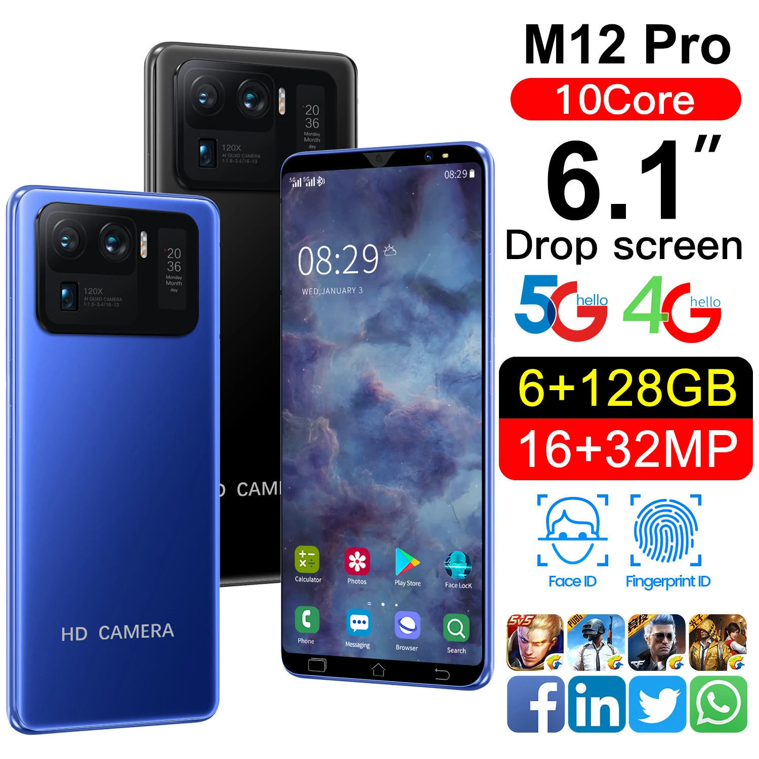M12 Pro 6800mAh Qualcomm 888 глобальная Версия 16GB 512GB 5G 6 7 дюймов мобильный телефон 10 Core