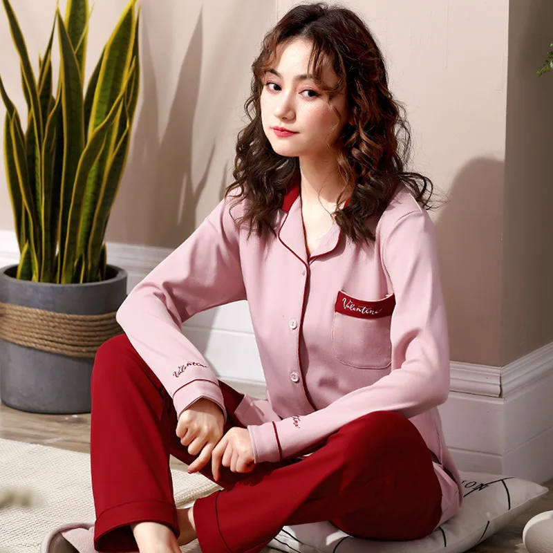 Весенние и осенние пижамы для женщин хлопок длинный рукав тонкая Домашняя одежда