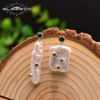 glseevo handmade natural freshwater baroque pearl earrings for women gift 925 silver asymmetry green zircon jewelry ge0960