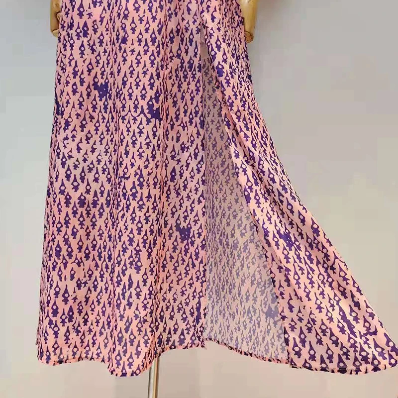 

Pink Print Vintage Dress For Women V Neck Puff Short Sleeve High Waist Ankle Length Dresses Female Fashion 2021 New