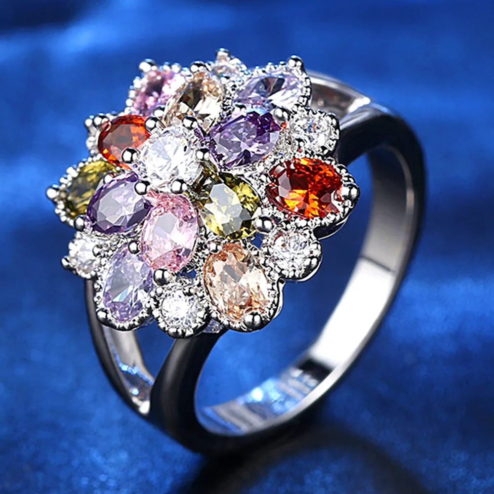 

Luxury Multicolor zircon diamonds rings for women red pink purple crystal wedding ring band cocktail party jewelry fashion gift