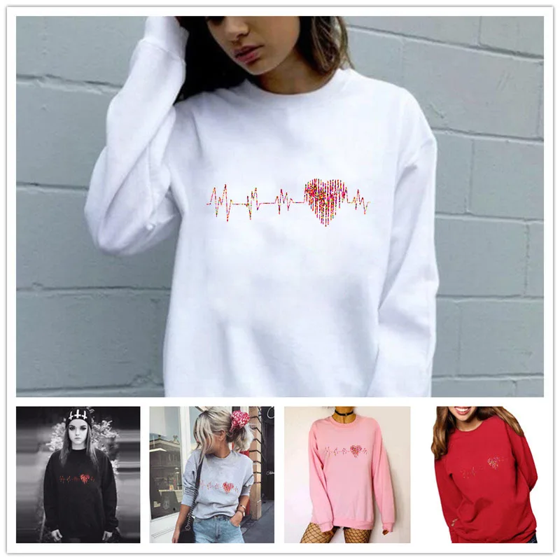 

Women Hoodie Heartbeat Heart Printed Hoodies Women Fleece Long Sleeve O Neck Loose Sweatshirt Girls Pullovers Winter