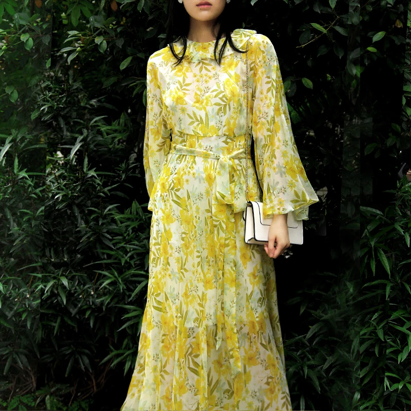 

Women Silk Long Dress 2021 Female Spring Summer Print Diamond Silk Flare Sleeve Expansion Bottom Fairy Maxi Dress New