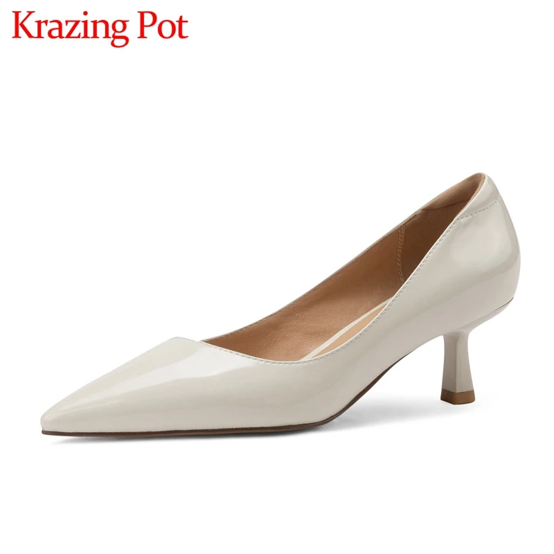 

Krazing pot spring shallow fashion shoes simply style pointed toe stiletto high heels patent leather office lady women pumps l08