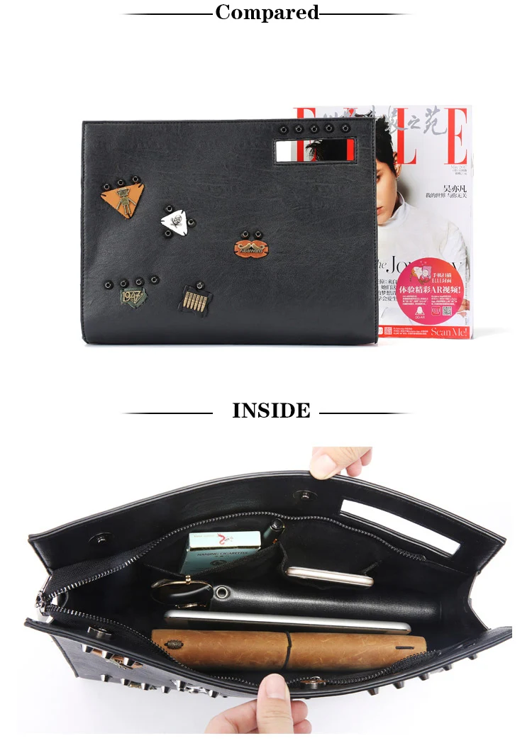 

NEW Male Rivets Handbag Men Skull Clutch Envelope Handbag Casual Purse Bag luxury leather cross-body shoulder bag Free Shipping