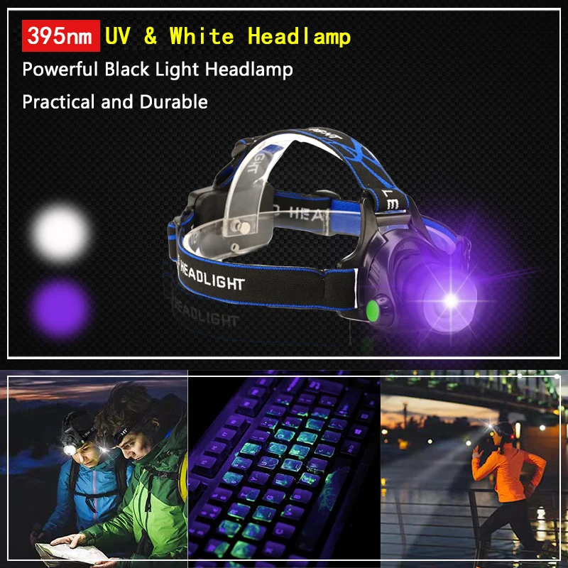 

2021 New Portable USB Rechargeable Headlight Zoomable 5W 395nm UV Headlamp 4-Mode UV & White Head Torch For Camping Hunting