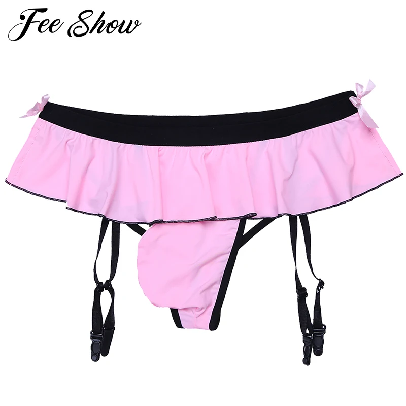 

Sexy Men Ruffled Trimmings Sissy Panties Penis Bulge Pouch G-string Bikini Thongs Gay Underwear Underpants with Garters