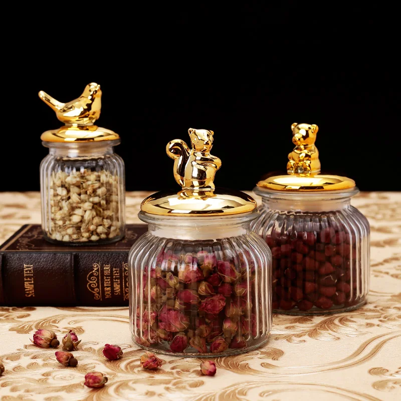 

Retro Glass Storage Jars with Lid European Crystal Kitchen Food Container Kitchen Creative Snack Tea Spice Cereal Bottles